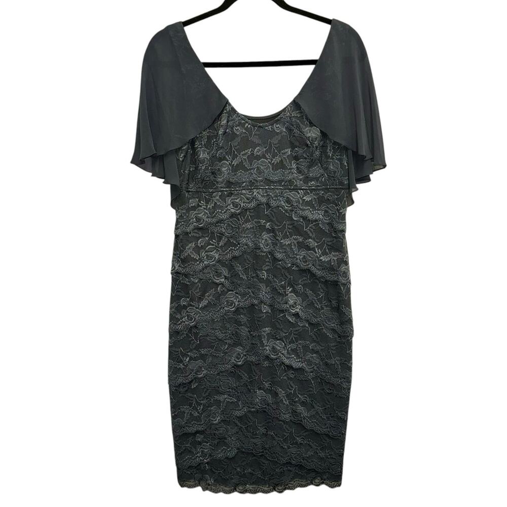 Marina NWT Lace Overlay Dress Small Gray Chiffon Cape Sleeve‎ Cocktail Wedding